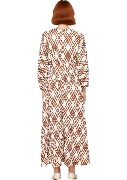 Kadın Şık Crinkle Dokuma Kemerli Balon Kol Skater Kalıp Geometrik Desenli Günlük Elbise Kaliteli modelleri