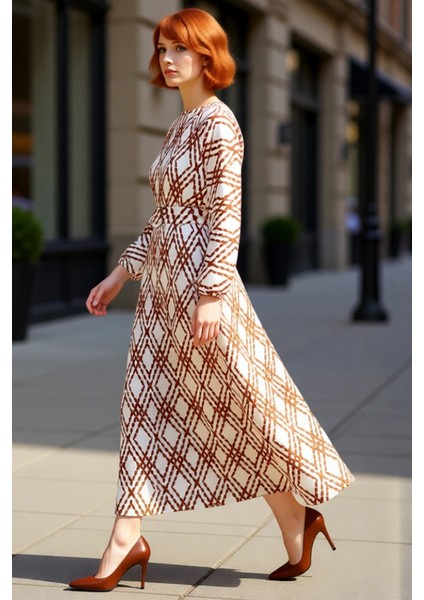 Kadın Şık Crinkle Dokuma Kemerli Balon Kol Skater Kalıp Geometrik Desenli Günlük Elbise Kaliteli fırsatları