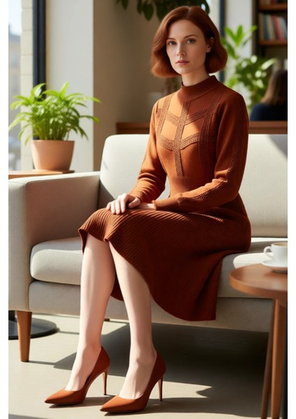 Kadınlar Için Kışlık Bej Rengi Dik Yaka Balon Kol A Kesim Akrilik Triko Mini Elbise Zarafeti.