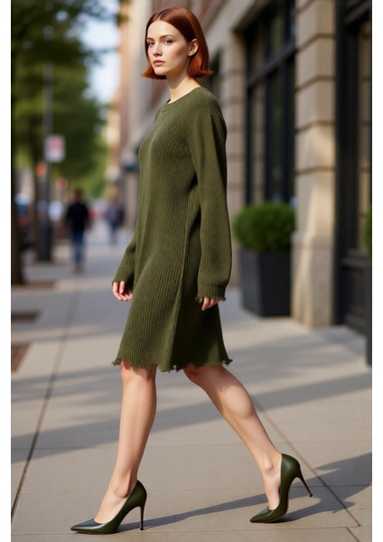 Kadın Konforlu Selanik Örgü Mini Triko Elbise Shift Kalıp Akıtma Detaylı Reglan Kol Bisiklet Yaka fırsatları