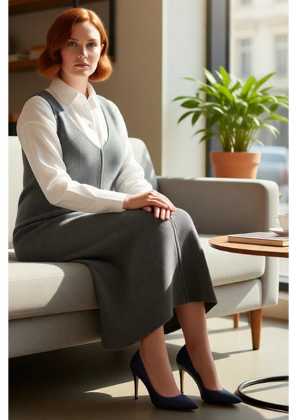 Kadın V Yaka Triko Jile Midi Elbise Gri Düz Desen Shift Kalıp Rahat Şıklık Ilkbahar Sonbahar