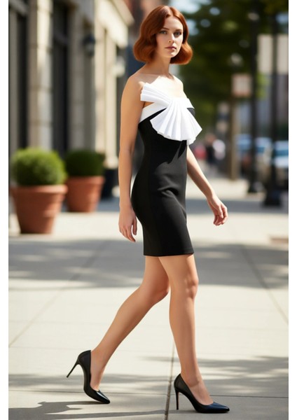 Kadın Şık Fiyonklu Straplez Bodycon Elbise Renk Bloklu Mini Boy Yazlık Davet Kokteyl Elbisesi fırsatları