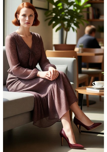 Kadın Uzun Kol Şal Desenli Maxi Boy A Kesim Şifon Dokuma V Yaka Zarif Elbise Tasarımı Kaliteli