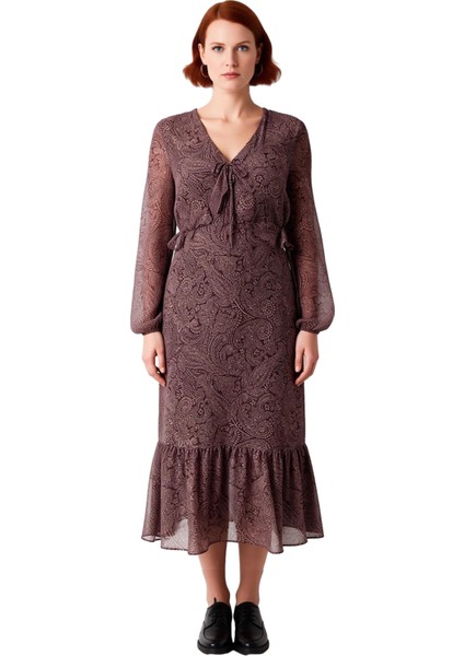 Kadın Uzun Kol Şal Desenli Maxi Boy A Kesim Şifon Dokuma V Yaka Zarif Elbise Tasarımı Kaliteli fiyatları