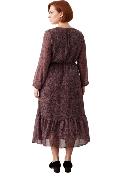 Kadın Uzun Kol Şal Desenli Maxi Boy A Kesim Şifon Dokuma V Yaka Zarif Elbise Tasarımı Kaliteli modelleri