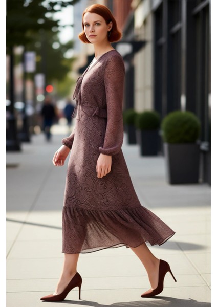 Kadın Uzun Kol Şal Desenli Maxi Boy A Kesim Şifon Dokuma V Yaka Zarif Elbise Tasarımı Kaliteli fırsatları