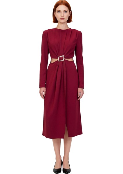 Kadın Düz Desen Midi Boy Uzun Kollu Bisiklet Yaka A Line Dokuma Cut Outlı Kışlık Elbise Kaliteli