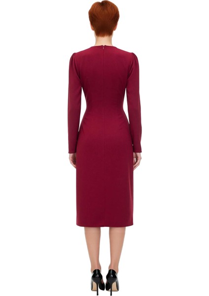 Kadın Düz Desen Midi Boy Uzun Kollu Bisiklet Yaka A Line Dokuma Cut Outlı Kışlık Elbise Kaliteli fiyatları