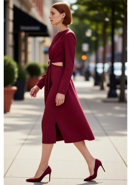 Kadın Düz Desen Midi Boy Uzun Kollu Bisiklet Yaka A Line Dokuma Cut Outlı Kışlık Elbise Kaliteli modelleri