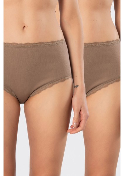 Türen Kadın Likralı Ribana Dantelli Yüksel Bel Külot 2'li Paket 929/VIZON