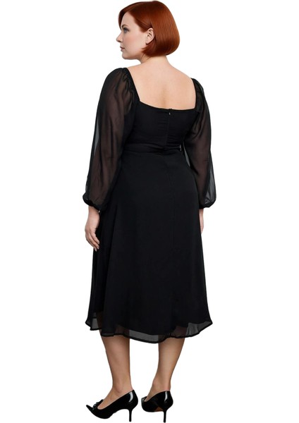 Şık Kadın Büyük Beden Kare Yaka Midi Boy Balon Kollu A Kesim Yırtmaç Detaylı Gündüz Gece Elbisesi modelleri