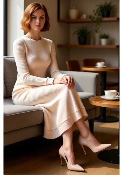 Kadın Şık ve Konforlu Fitilli Triko Elbise Dik Yaka Uzun Kol Midi Boy Modern Günlük Stil Kaliteli fırsatları