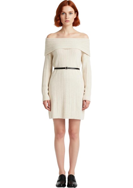 Kadınlar Için Carmen Yaka Fitilli Triko Elbise Shift Kesim Standart Kol Mini Boy Şık Günlük