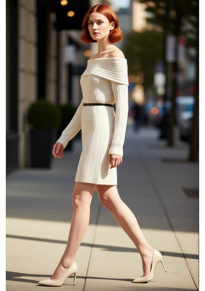 Kadınlar Için Carmen Yaka Fitilli Triko Elbise Shift Kesim Standart Kol Mini Boy Şık Günlük modelleri