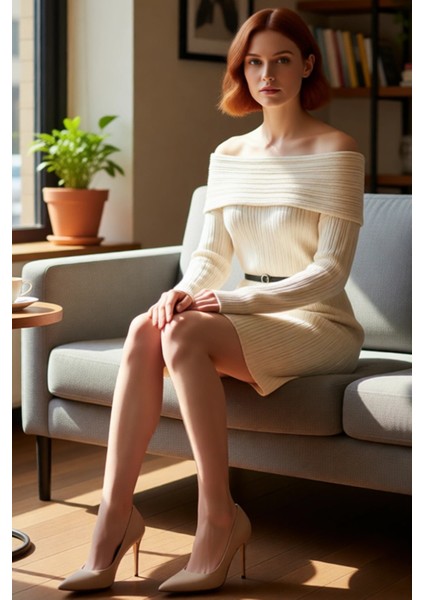 Kadınlar Için Carmen Yaka Fitilli Triko Elbise Shift Kesim Standart Kol Mini Boy Şık Günlük fırsatları