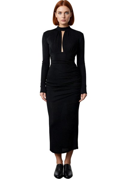 Kadın Modern Bodycon Uzun Kollu Dik Yaka Cut Out Detaylı Simli Örme Abiye Kokteyl Elbisesi
