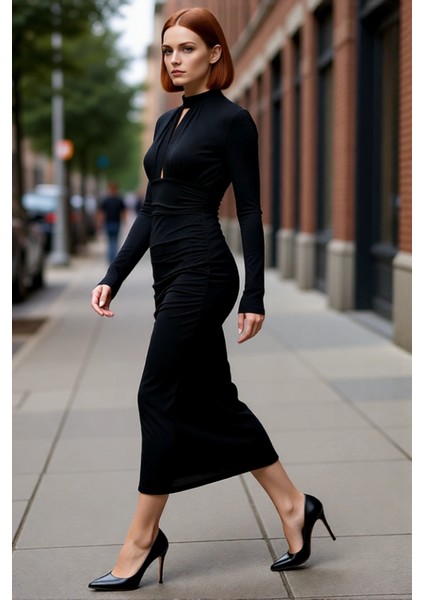 Kadın Modern Bodycon Uzun Kollu Dik Yaka Cut Out Detaylı Simli Örme Abiye Kokteyl Elbisesi modelleri