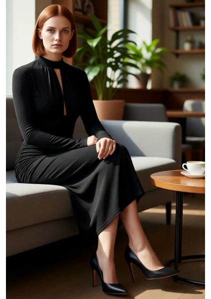 Kadın Modern Bodycon Uzun Kollu Dik Yaka Cut Out Detaylı Simli Örme Abiye Kokteyl Elbisesi fırsatları