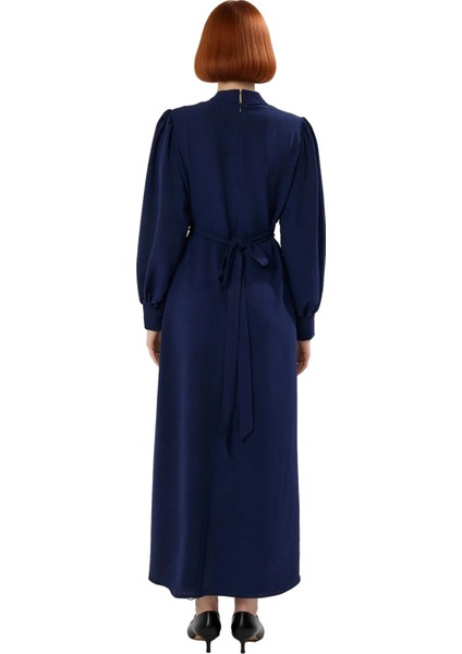 Kadın Tesettür Lacivert Uzun Balon Kol Dik Yaka Kuşaklı Rahat Shift Kalıp Dokuma Elbise Kaliteli modelleri
