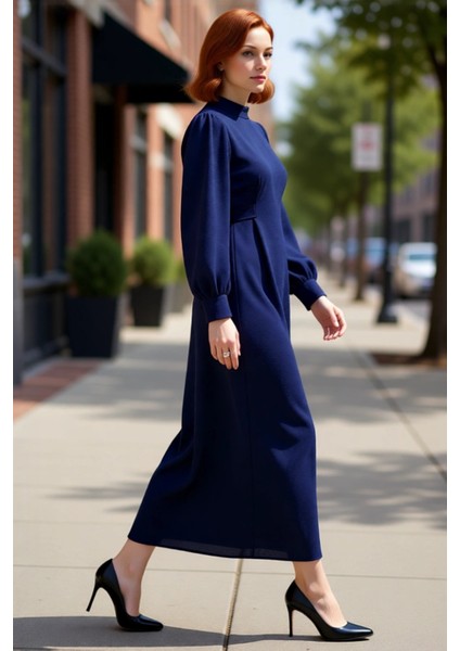 Kadın Tesettür Lacivert Uzun Balon Kol Dik Yaka Kuşaklı Rahat Shift Kalıp Dokuma Elbise Kaliteli fırsatları