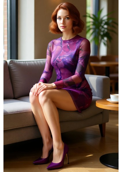 Kadın Bodycon Kesim Polyester Karışımlı Uzun Kollu Çok Renkli Örme Tül Mini Elbise Günlük ve Gece