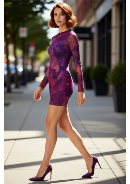 Kadın Bodycon Kesim Polyester Karışımlı Uzun Kollu Çok Renkli Örme Tül Mini Elbise Günlük ve Gece fırsatları