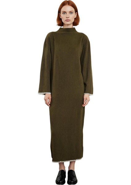 Kadın Casual Dik Yaka Düşük Kollu Maxi Boy Triko Elbise Rahat Shift Kalıp Kış Kombinleri Için