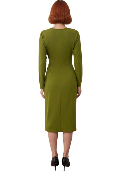 Kadın Anvelop Siluet Bodycon Kesim Midi Boy Uzun Kollu V Yaka Scuba Krep Kışlık Elbise Zarif Stil fiyatları