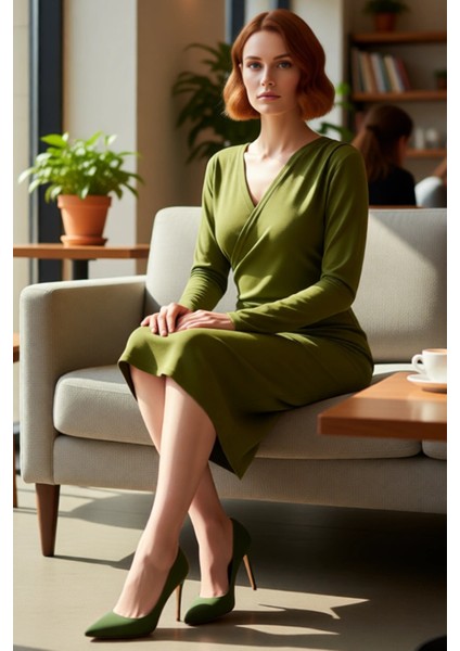 Kadın Anvelop Siluet Bodycon Kesim Midi Boy Uzun Kollu V Yaka Scuba Krep Kışlık Elbise Zarif Stil fırsatları