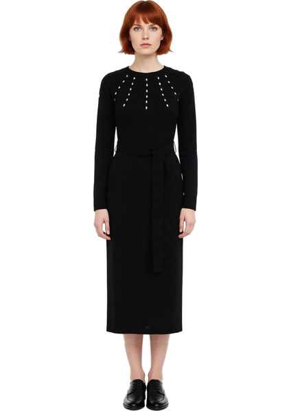 Kadın Bisiklet Yaka Uzun Kollu Triko Elbise Taş Detaylı Kuşaklı A Line Maxi Kışlık Tesettür Şıklığı fiyatları