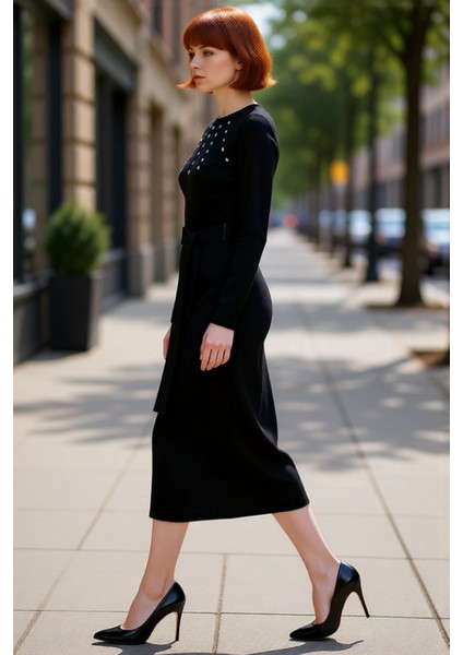 Kadın Bisiklet Yaka Uzun Kollu Triko Elbise Taş Detaylı Kuşaklı A Line Maxi Kışlık Tesettür Şıklığı fırsatları