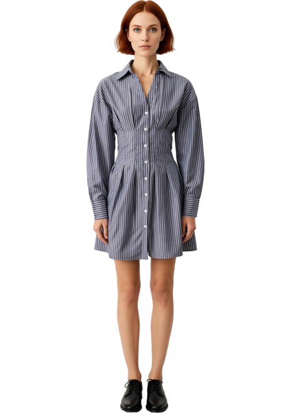 Kadın Modern Düşük Kol Uzun Kollu Çizgili Dokuma Mini Gömlek Elbise Rahat Yaka Stili