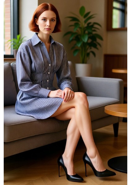 Kadın Modern Düşük Kol Uzun Kollu Çizgili Dokuma Mini Gömlek Elbise Rahat Yaka Stili fırsatları