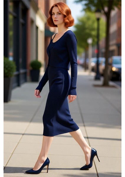 Kadın Bodycon Kesim Düz Triko Elbise Uzun Kollu V Yaka Midi Boy Sonbahar Kış Şıklığı Kaliteli modelleri