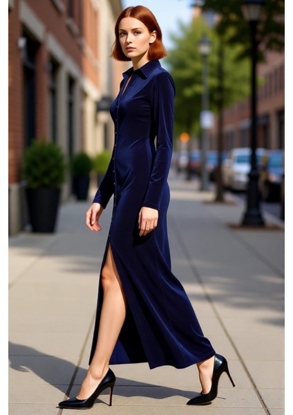 Kadın Kışlık Bodycon Maxi Elbise Polo Yaka Uzun Kol Düz Örme Şık ve Konforlu Günlük Stil Kaliteli modelleri