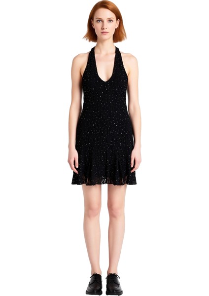 Kadın Şık Yazlık Boyundan Bağlamalı Kolsuz Dantel Dokulu Skater Mini Kokteyl Elbisesi Özel Davetler