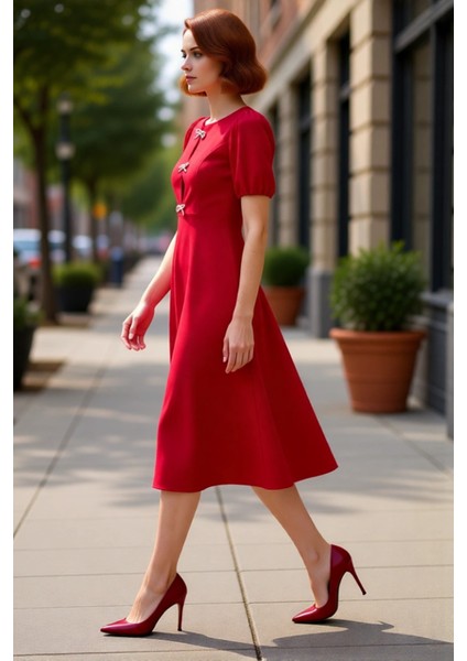 Kadın Fashion Forward Skater Midi Bisiklet Yaka Balon Kol Fiyonklu Örme Kokteyl Elbisesi Kaliteli modelleri