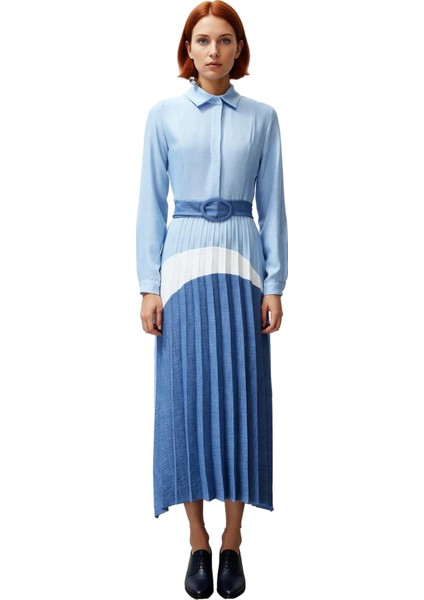 Modern Kadın Gömlek Yaka Kemerli Uzun Kollu Renk Bloklu Maxi Elbise Ilkbahar Yaz Şıklığı Kaliteli