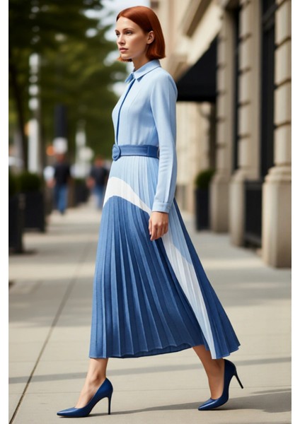 Modern Kadın Gömlek Yaka Kemerli Uzun Kollu Renk Bloklu Maxi Elbise Ilkbahar Yaz Şıklığı Kaliteli modelleri