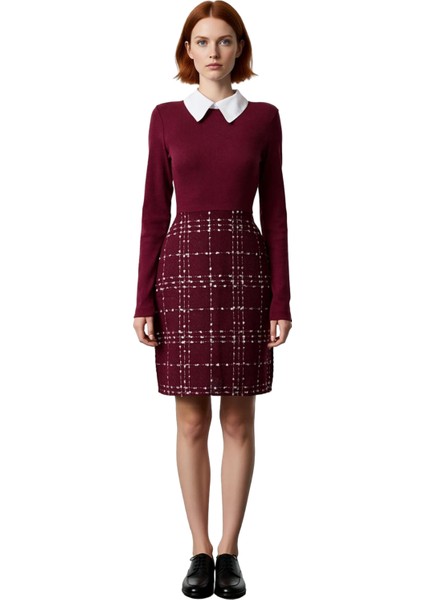 Kadın Uzun Kol Örme Detaylı Ekose Kareli Dokuma Elbise Gömlek Yaka A Line Kesim Stili Sunar fiyatları