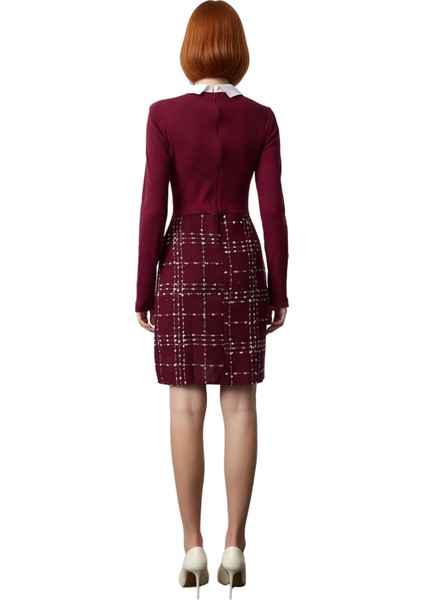 Kadın Uzun Kol Örme Detaylı Ekose Kareli Dokuma Elbise Gömlek Yaka A Line Kesim Stili Sunar modelleri