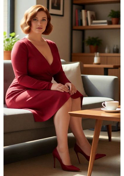 Kadın Büyük Beden Düz Desen V Yaka Uzun Kollu Skater Örme Mini Elbise Rahatlığı Sunar Kaliteli