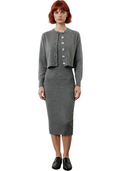 Kadın Şık Akrilik Bisiklet Yaka Uzun Kol Bodycon Midi Triko Elbise Hırka Seti Günlük Kaliteli