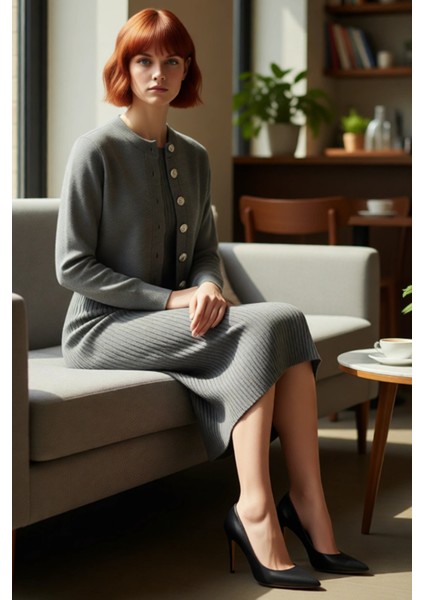 Kadın Şık Akrilik Bisiklet Yaka Uzun Kol Bodycon Midi Triko Elbise Hırka Seti Günlük Kaliteli fırsatları