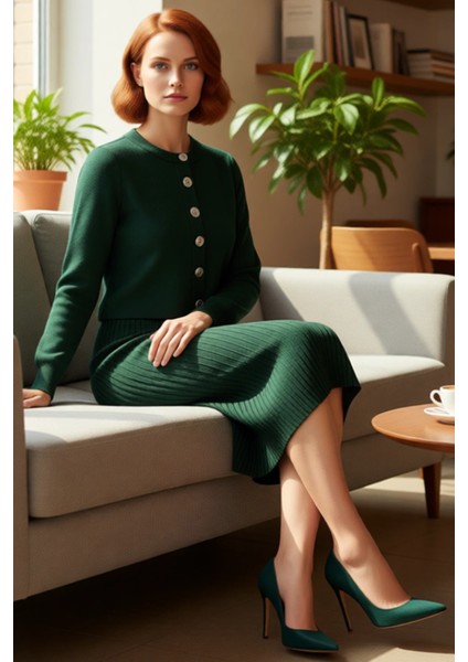 Kadın Şık Akrilik Bisiklet Yaka Uzun Kol Bodycon Midi Triko Elbise Hırka Seti Günlük Kaliteli fırsatları