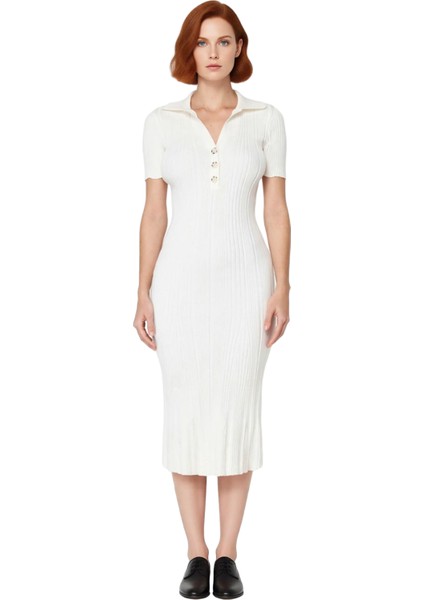 Kadın Casual Düz Desenli Bodycon Polo Yaka Kısa Kollu Triko Maxi Elbise Ilkbahar Sonbahar Şıklığı