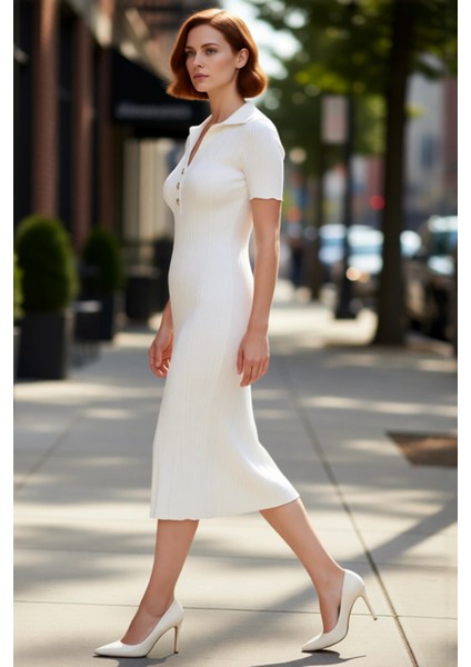 Kadın Casual Düz Desenli Bodycon Polo Yaka Kısa Kollu Triko Maxi Elbise Ilkbahar Sonbahar Şıklığı modelleri