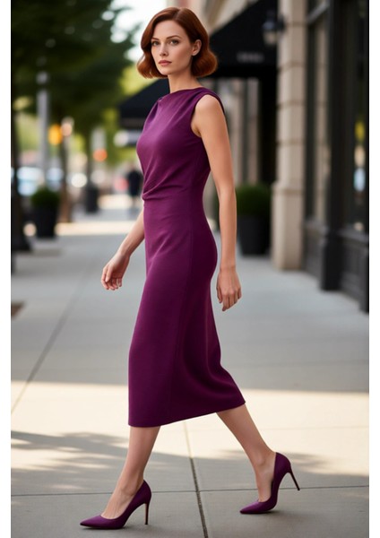 Kadın Kayık Yaka Kolsuz Düz Desenli Dokuma Midi Elbise Casual Ortamlar Için Zarif ve Rahat modelleri