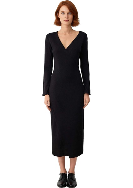 Kadın Kışlık Siyah Ince Triko Elbise Maxi Boy Kruvaze Yaka Shift Kalıp Günlük Şıklık Için Kaliteli