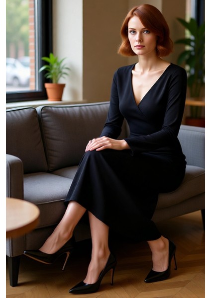 Kadın Kışlık Siyah Ince Triko Elbise Maxi Boy Kruvaze Yaka Shift Kalıp Günlük Şıklık Için Kaliteli fırsatları